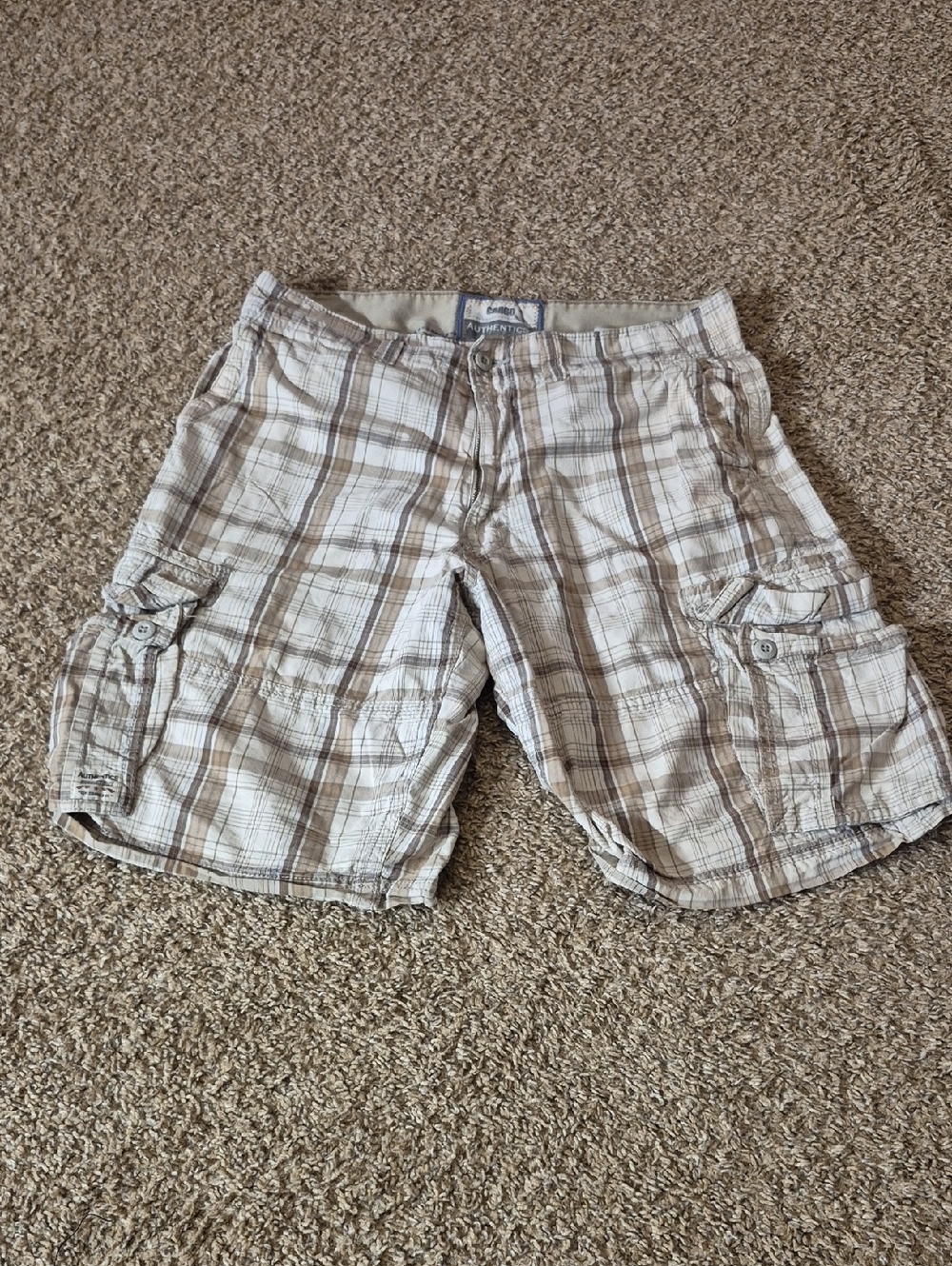 Signature by Levi Strauss Men's Plaid Cargo Shorts in Beige and Brown